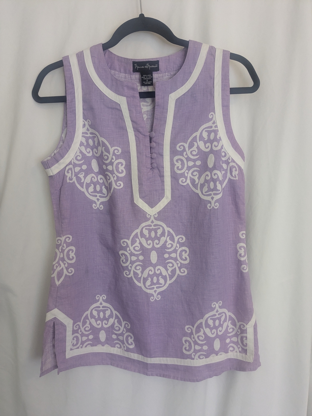 Mercer & Madison 100% Linen Lavender White Medallion Sleeveless Tunic Top S